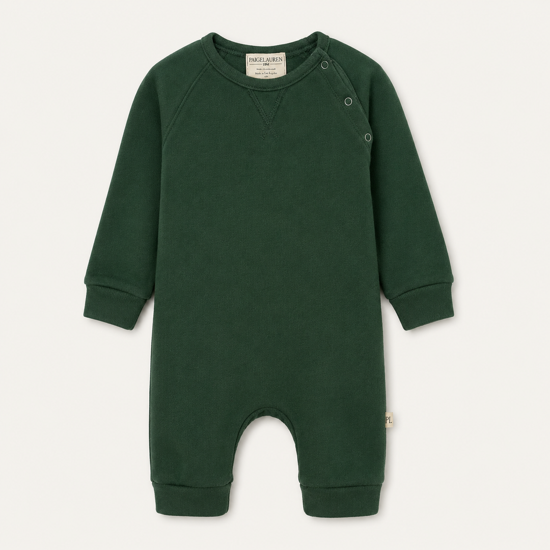 PAIGELAUREN Fleece Sweatshirt Raglan Romper in dark green, front product view