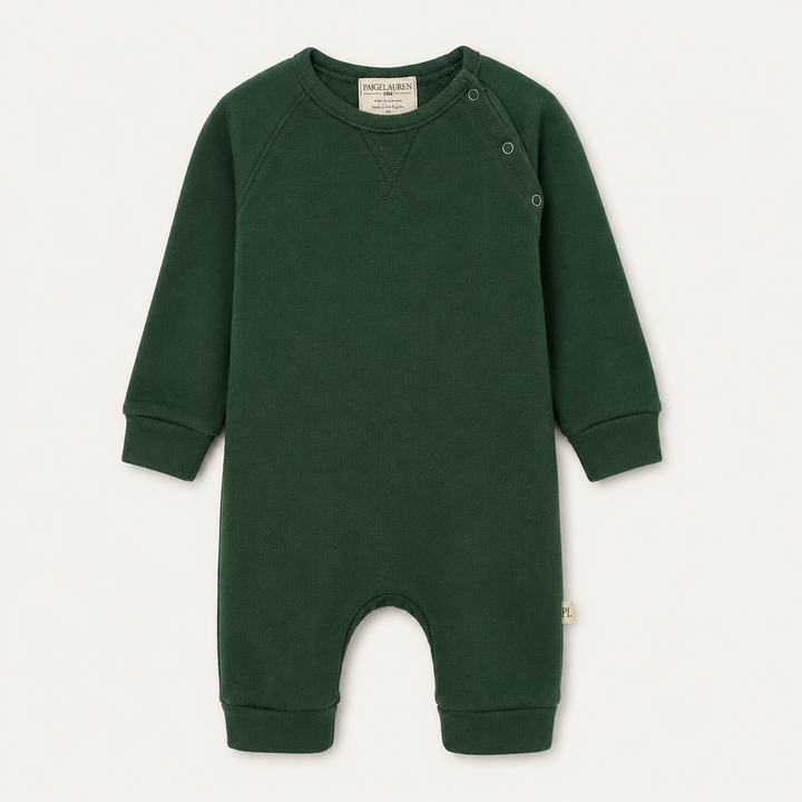 PAIGELAUREN Fleece Sweatshirt Raglan Romper in dark green, front product view