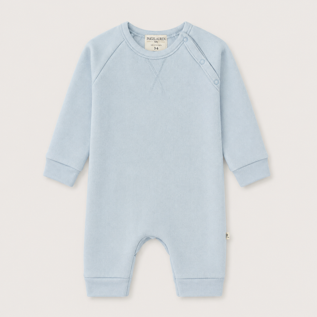 PAIGELAUREN Fleece Sweatshirt Raglan Romper in Light Blue, front product view