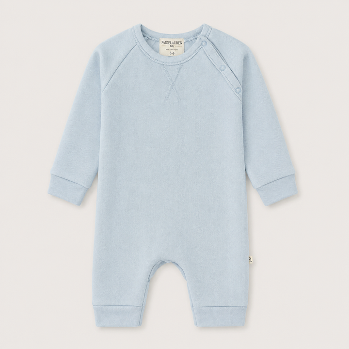 PAIGELAUREN Fleece Sweatshirt Raglan Romper in Light Blue, front product view
