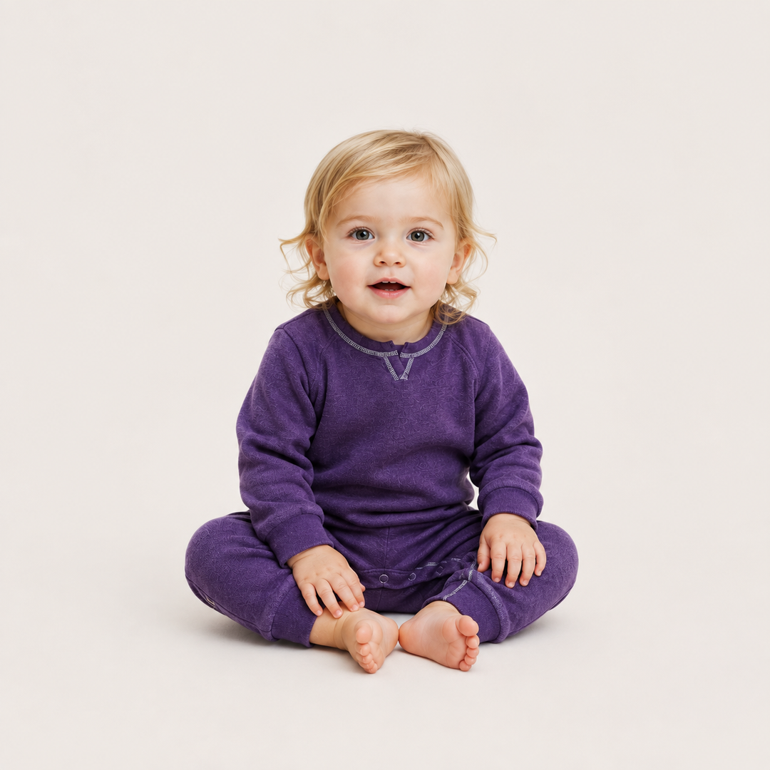 A baby with blonde curly hair sits cross-legged on a light beige studio background, wearing a matching purple long-sleeve top and pants set with a small geometric V-shaped chest detail.