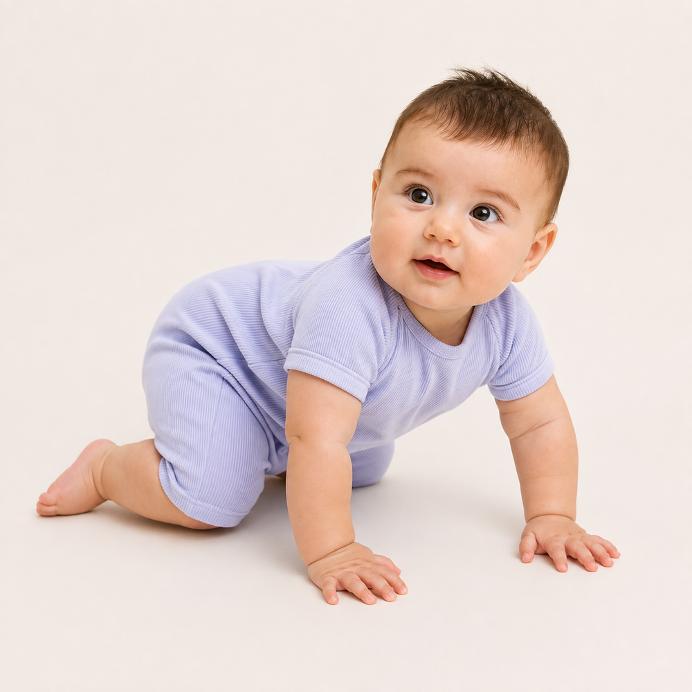 Baby crawling in the PAIGELAUREN Garment Dye Ribbed Shortall Onesie. Lavender