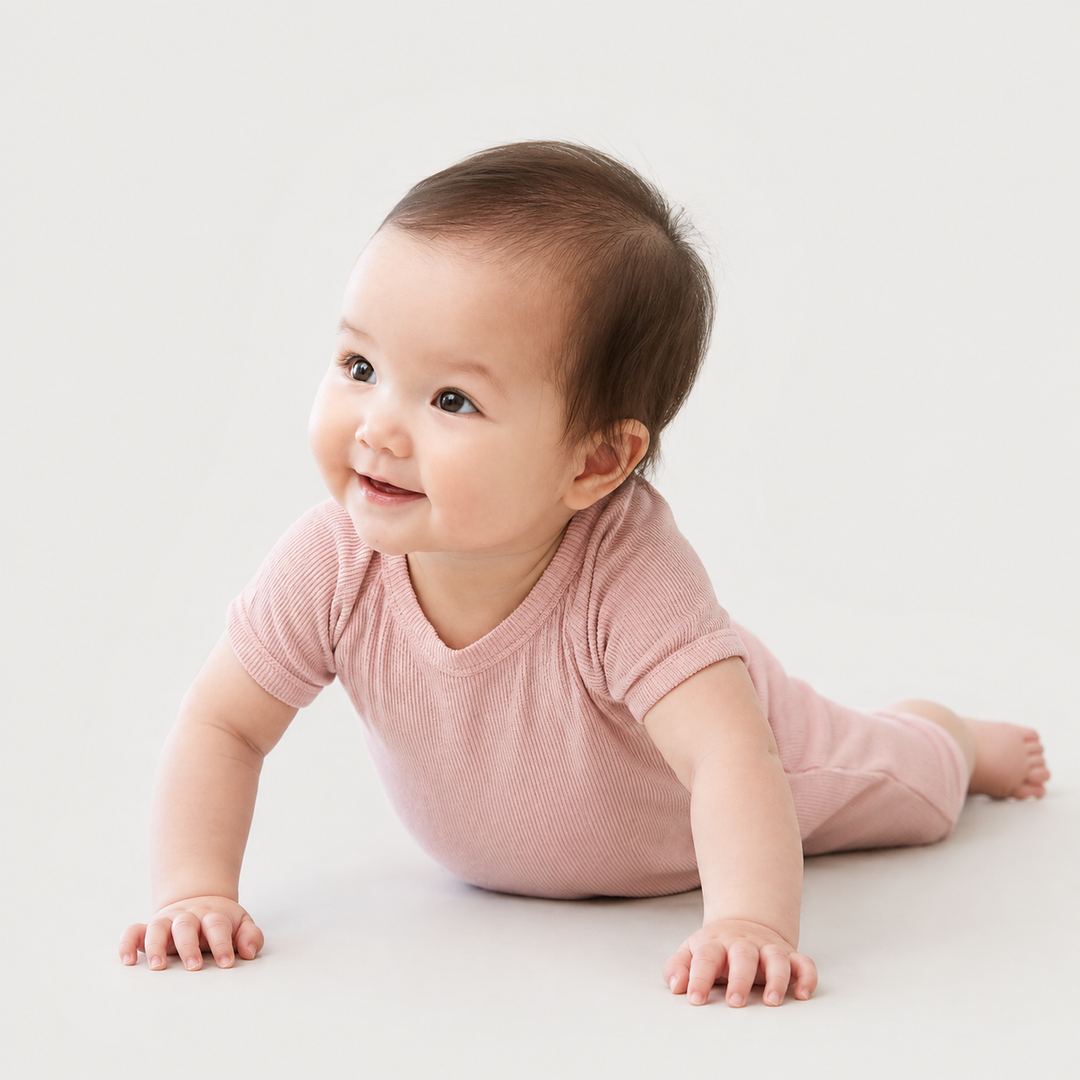 Baby crawling while wearing the PAIGELAUREN Garment Dye Ribbed Shortall Onesie in Blush Pink