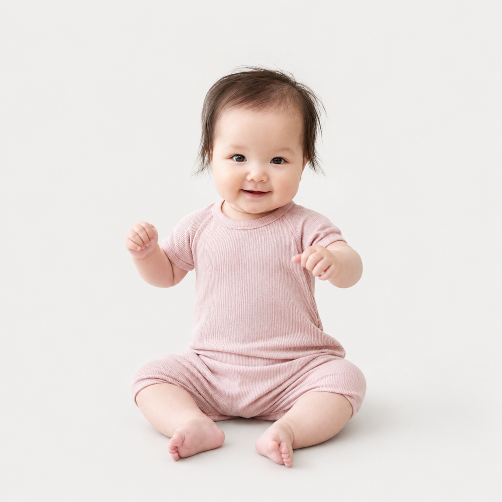 Baby wearing the PAIGELAUREN Garment Dye Ribbed Shortall Onesie in Blush Pink while sitting