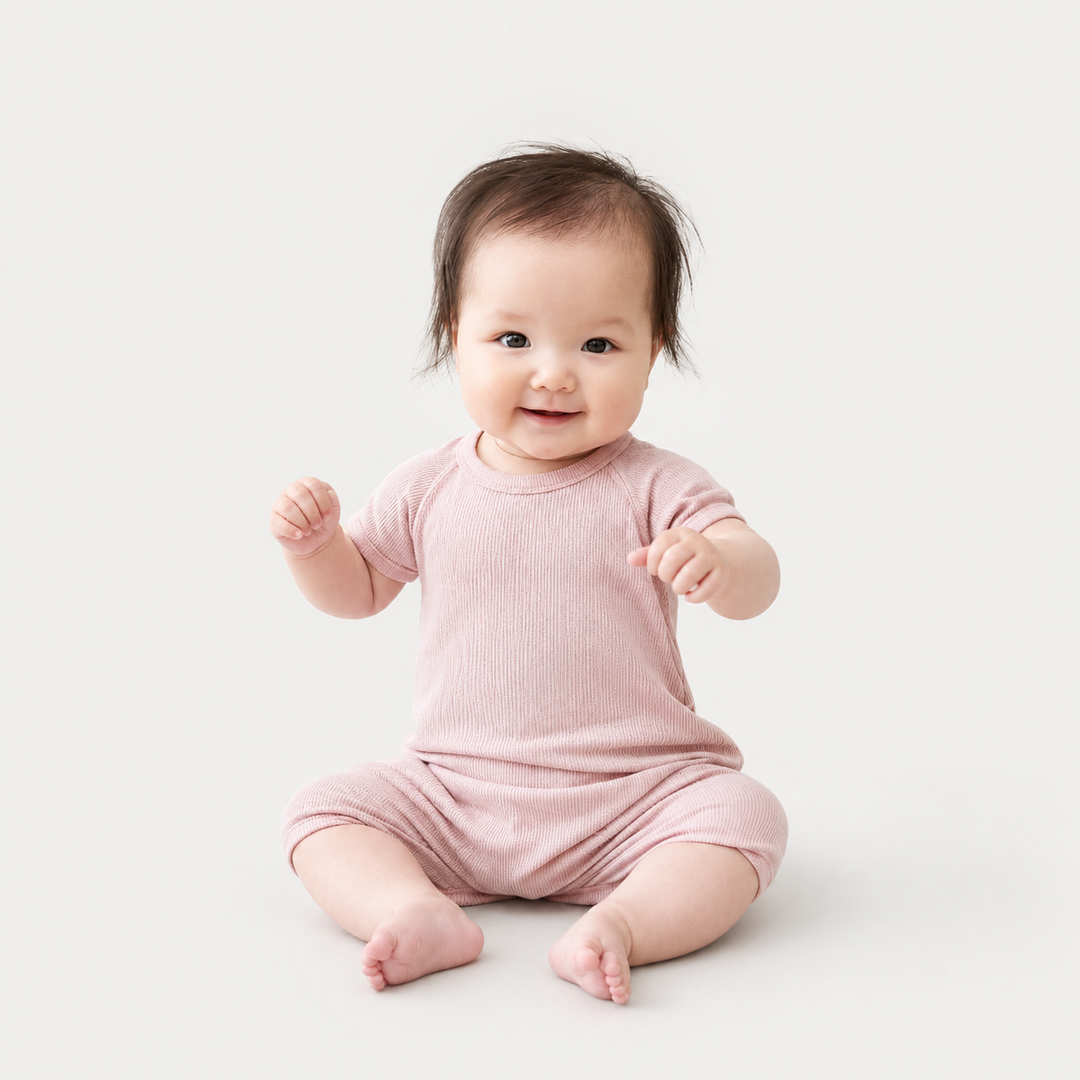 Baby wearing the PAIGELAUREN Garment Dye Ribbed Shortall Onesie in Blush Pink while sitting