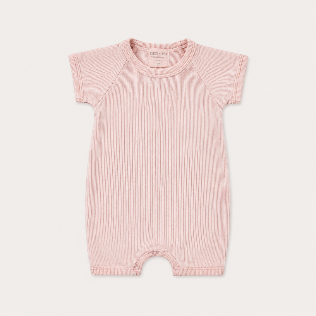 PAIGELAUREN Garment Dye Ribbed Shortall Onesie in Blush Pink, front product view