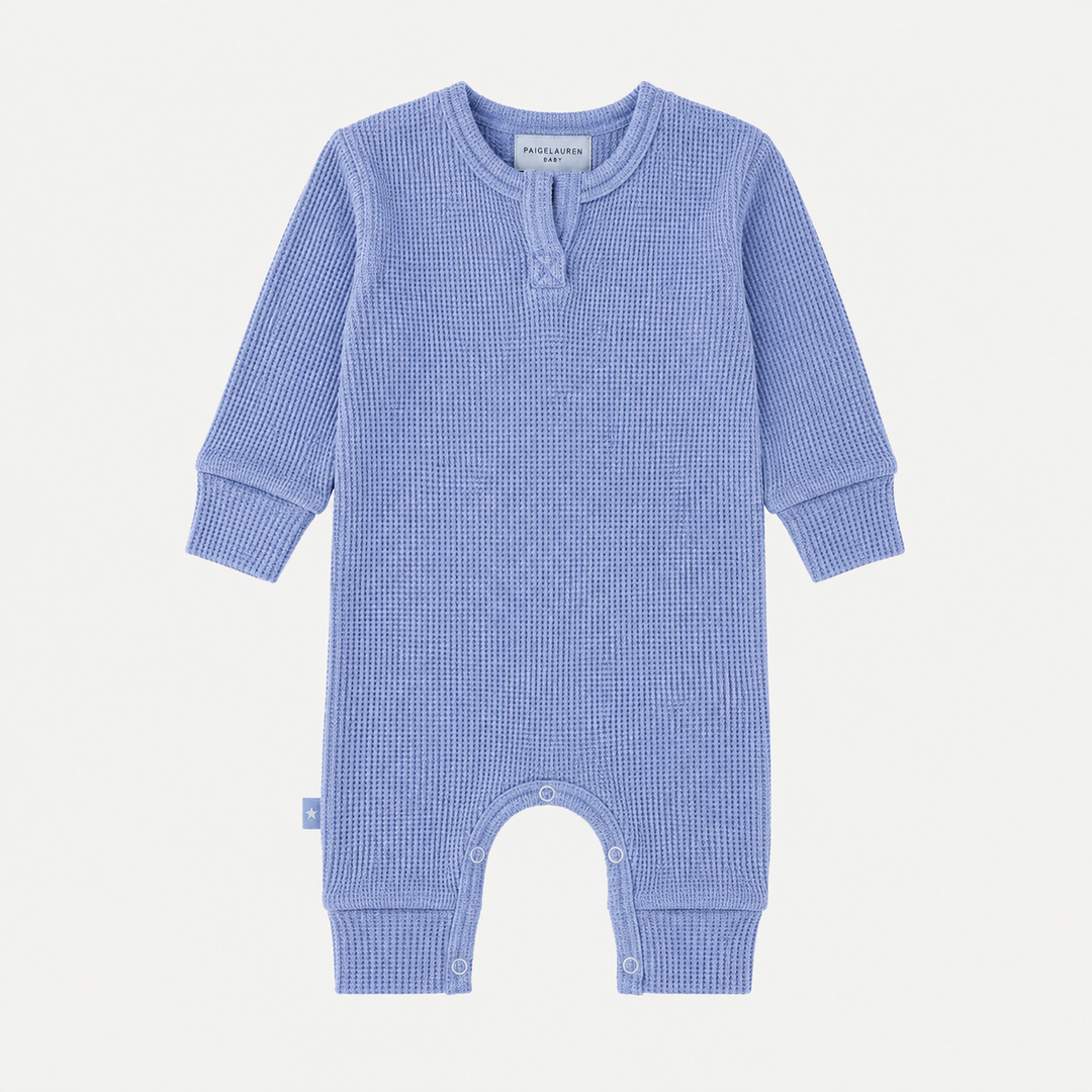 PAIGELAUREN Garment Dyed Thermal Romper in soft blue thermal knit, front flat lay, made in Los Angeles