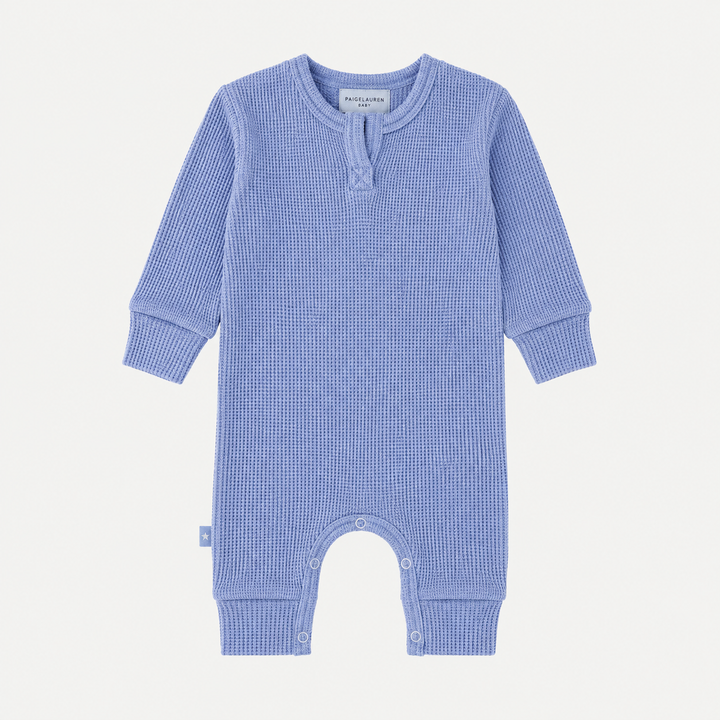 PAIGELAUREN Garment Dyed Thermal Romper in soft blue thermal knit, front flat lay, made in Los Angeles