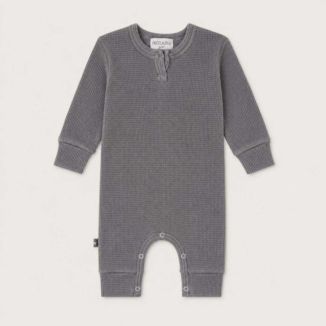 PAIGELAUREN Garment Dyed Thermal Romper in soft gray thermal knit, front flat lay, made in Los Angeles