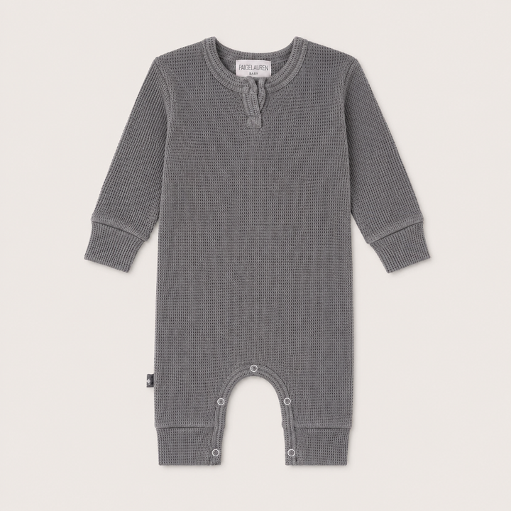 PAIGELAUREN Garment Dyed Thermal Romper in soft gray thermal knit, front flat lay, made in Los Angeles