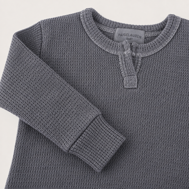 Close-up of Henley neckline and thermal sleeve detail on the PAIGELAUREN Garment Dyed Thermal Romper. Gray