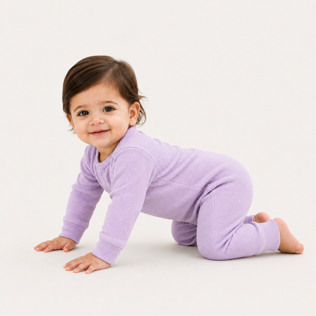 Baby crawling in the PAIGELAUREN Garment Dyed Thermal Romper in soft blue thermal knit