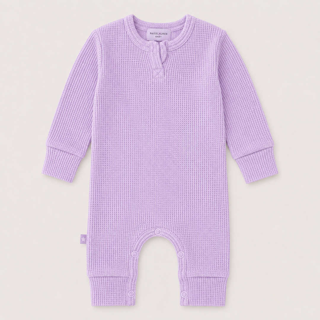 PAIGELAUREN Garment Dyed Thermal Romper in soft lilac thermal knit, front flat lay, made in Los Angeles