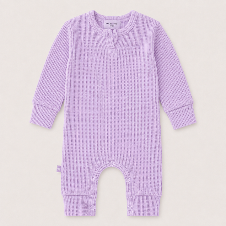 PAIGELAUREN Garment Dyed Thermal Romper in soft lilac thermal knit, front flat lay, made in Los Angeles