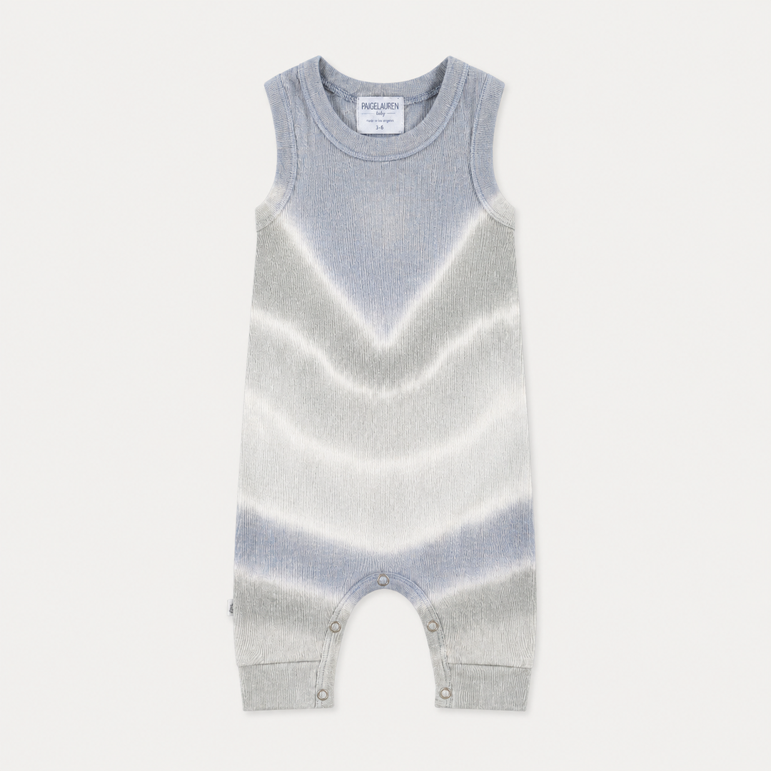 PAIGELAUREN Gray Baby Rib Tie Dye Tank Overall in hand-dyed baby rib cotton, front product view