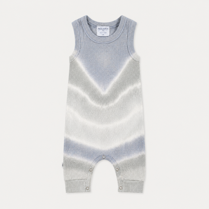 PAIGELAUREN Gray Baby Rib Tie Dye Tank Overall in hand-dyed baby rib cotton, front product view