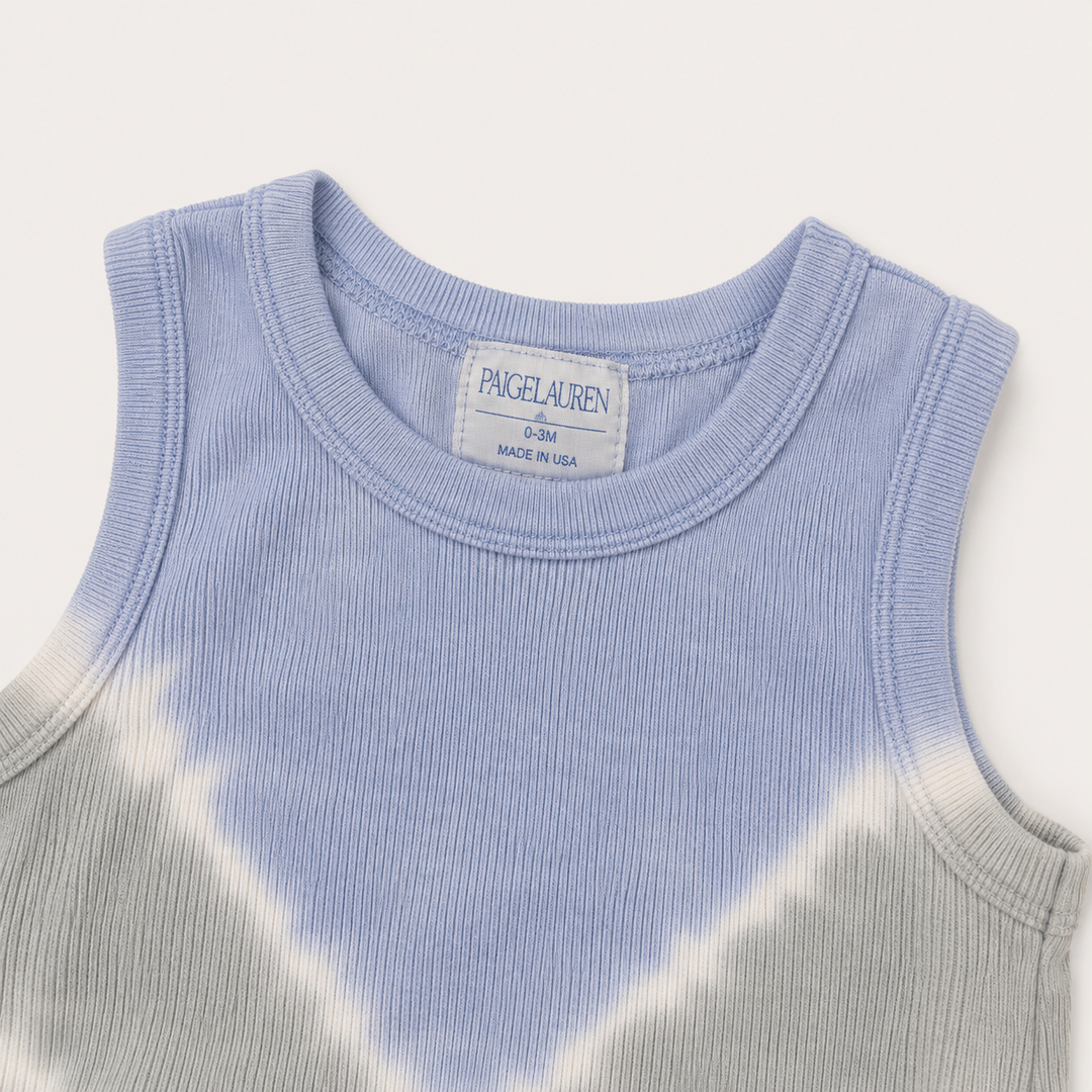Close-up of the neckline, soft binding, and premium baby rib texture on the PAIGELAUREN Gray Tie Dye Tank Overall