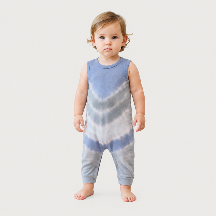Baby wearing the PAIGELAUREN Gray Baby Rib Tie Dye Tank Overall made from ultra-soft baby rib cotton