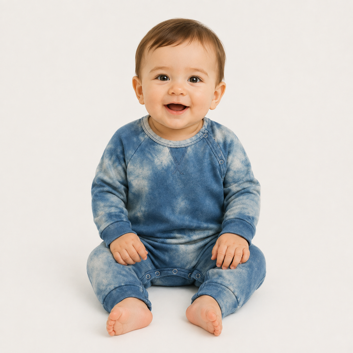 Baby wearing the PAIGELAUREN Heathered Fleece Marble Sweatshirt Romper in Navy Marble while sitting