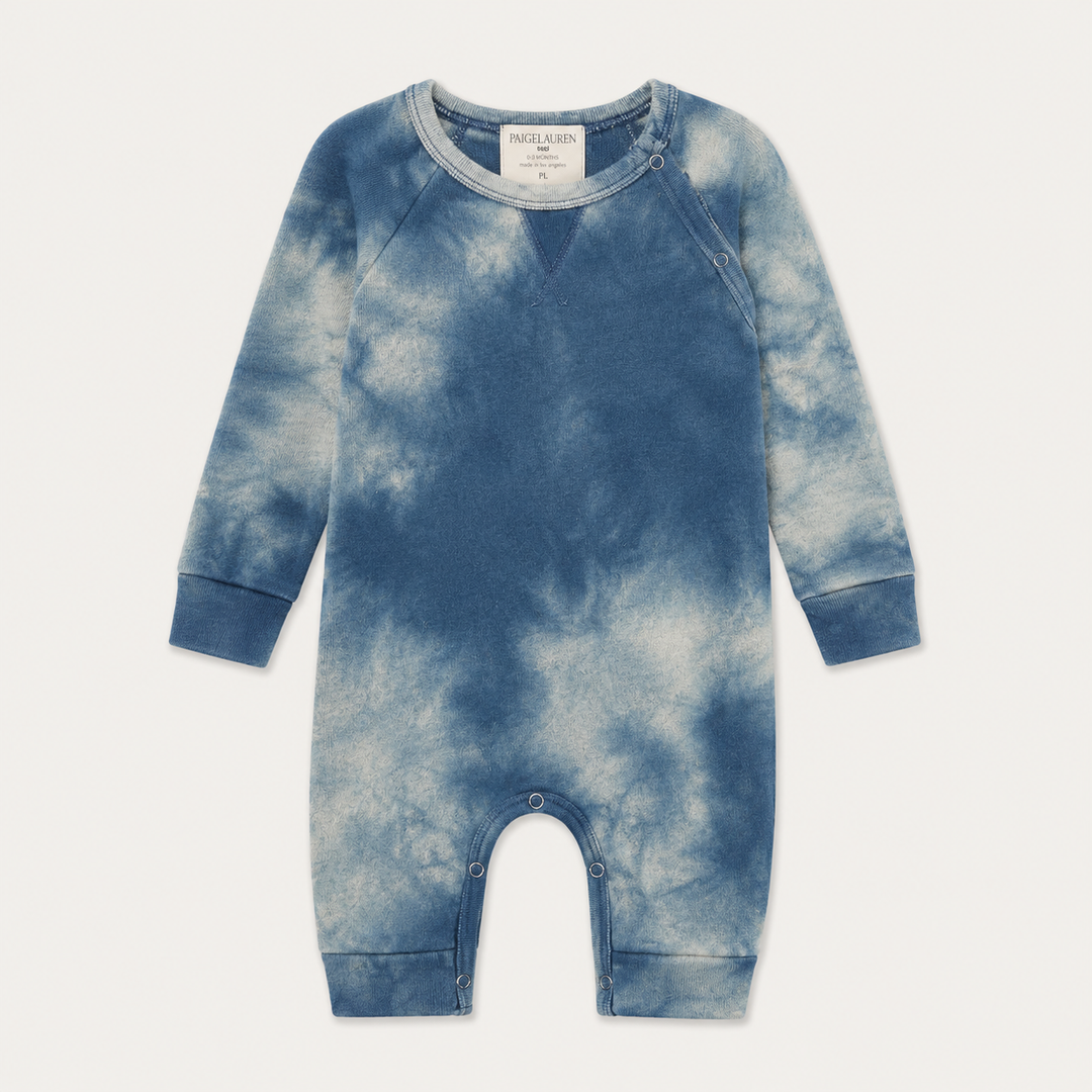 PAIGELAUREN Heathered Fleece Marble Sweatshirt Romper in Navy Marble, front product view