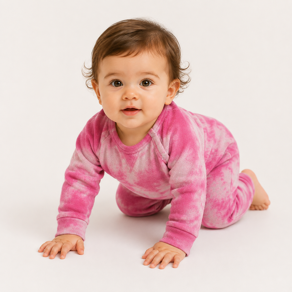 Baby crawling while wearing the PAIGELAUREN Heathered Fleece Marble Sweatshirt Romper in Pink Marble