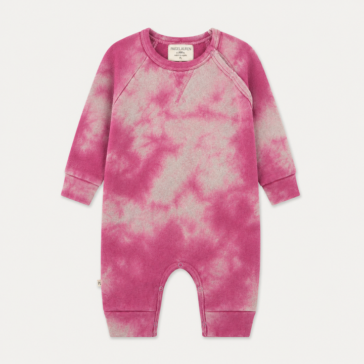 PAIGELAUREN Heathered Fleece Marble Sweatshirt Romper in Pink Marble, front product view