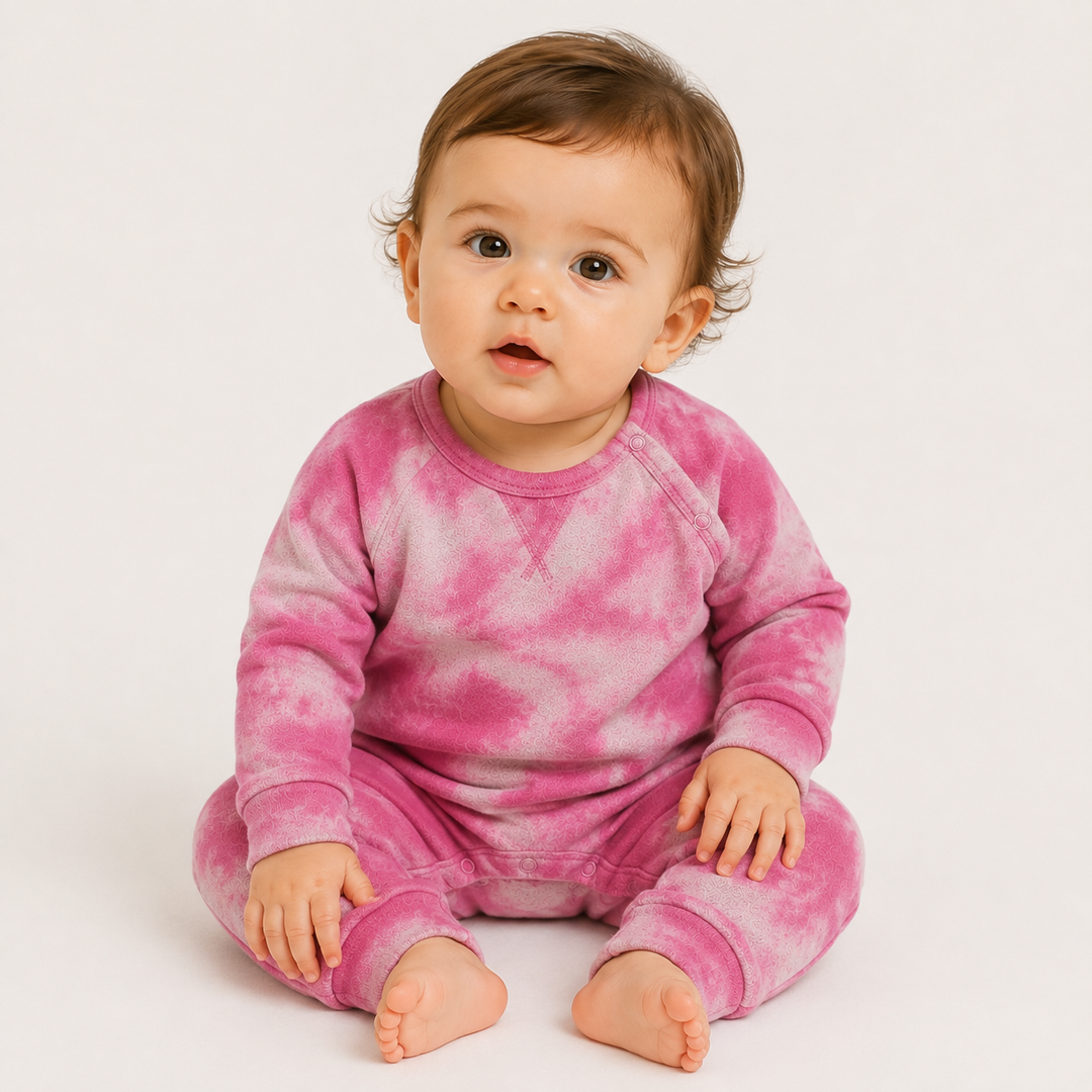 Baby wearing the PAIGELAUREN Heathered Fleece Marble Sweatshirt Romper in Pink Marble while sitting