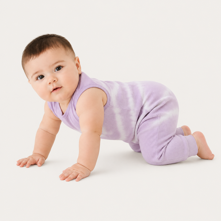 Baby crawling in the PAIGELAUREN Lavender Baby Rib Tie Dye Tank Overall made in Los Angeles