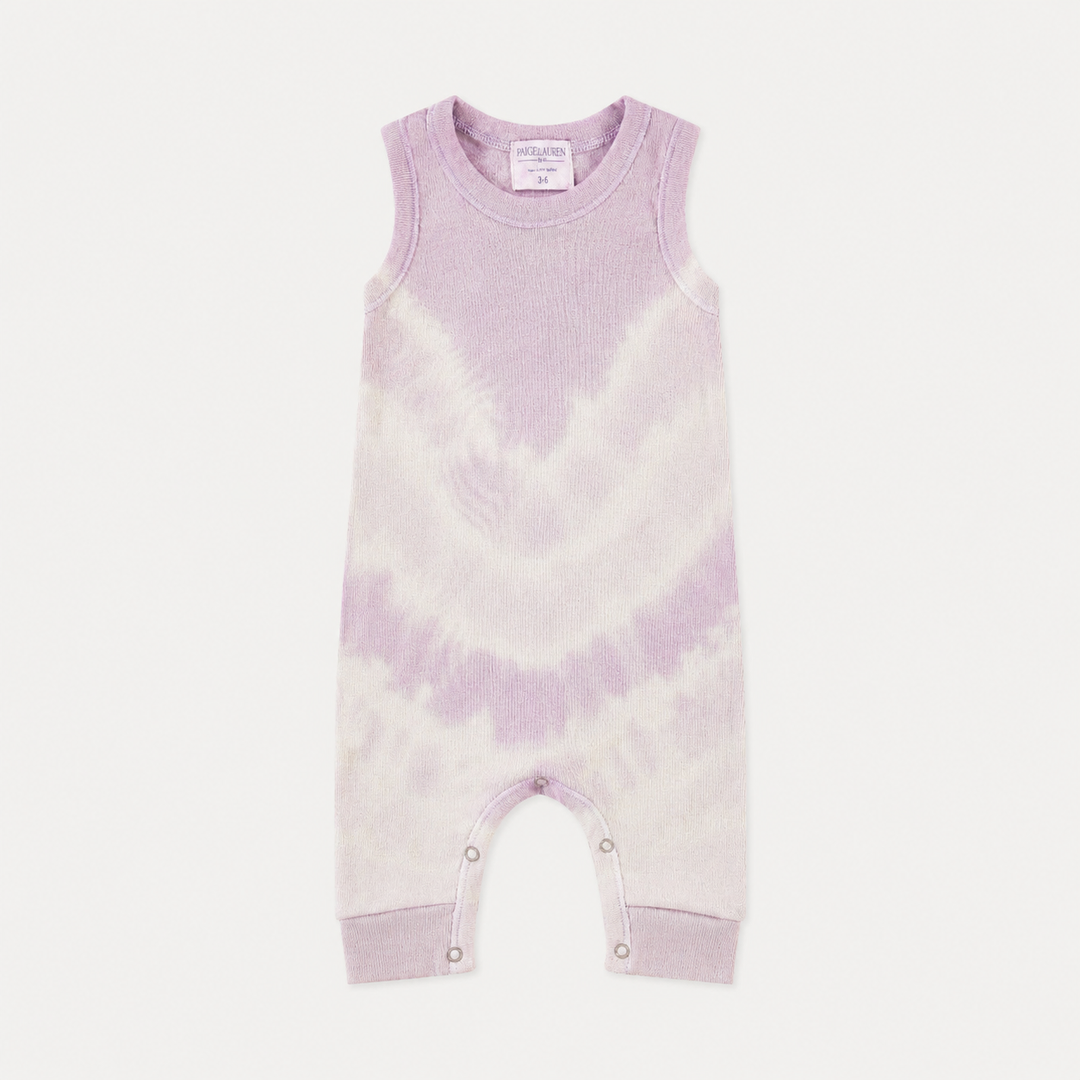 PAIGELAUREN Lavender Baby Rib Tie Dye Tank Overall in hand-dyed baby rib cotton, front product view