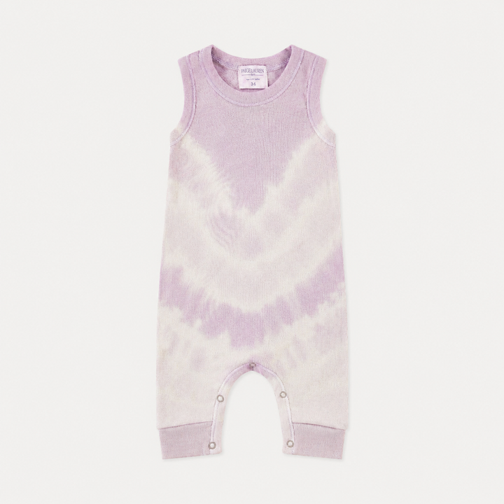 PAIGELAUREN Lavender Baby Rib Tie Dye Tank Overall in hand-dyed baby rib cotton, front product view