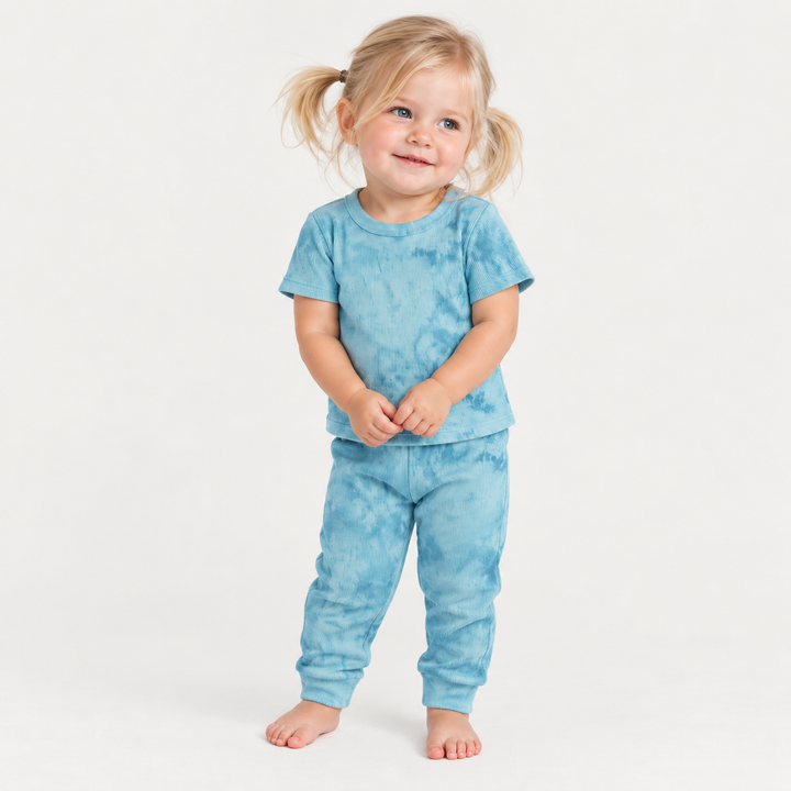 Toddler wearing PAIGELAUREN Aqua Marble 2x1 Rib Tee + Legging Set