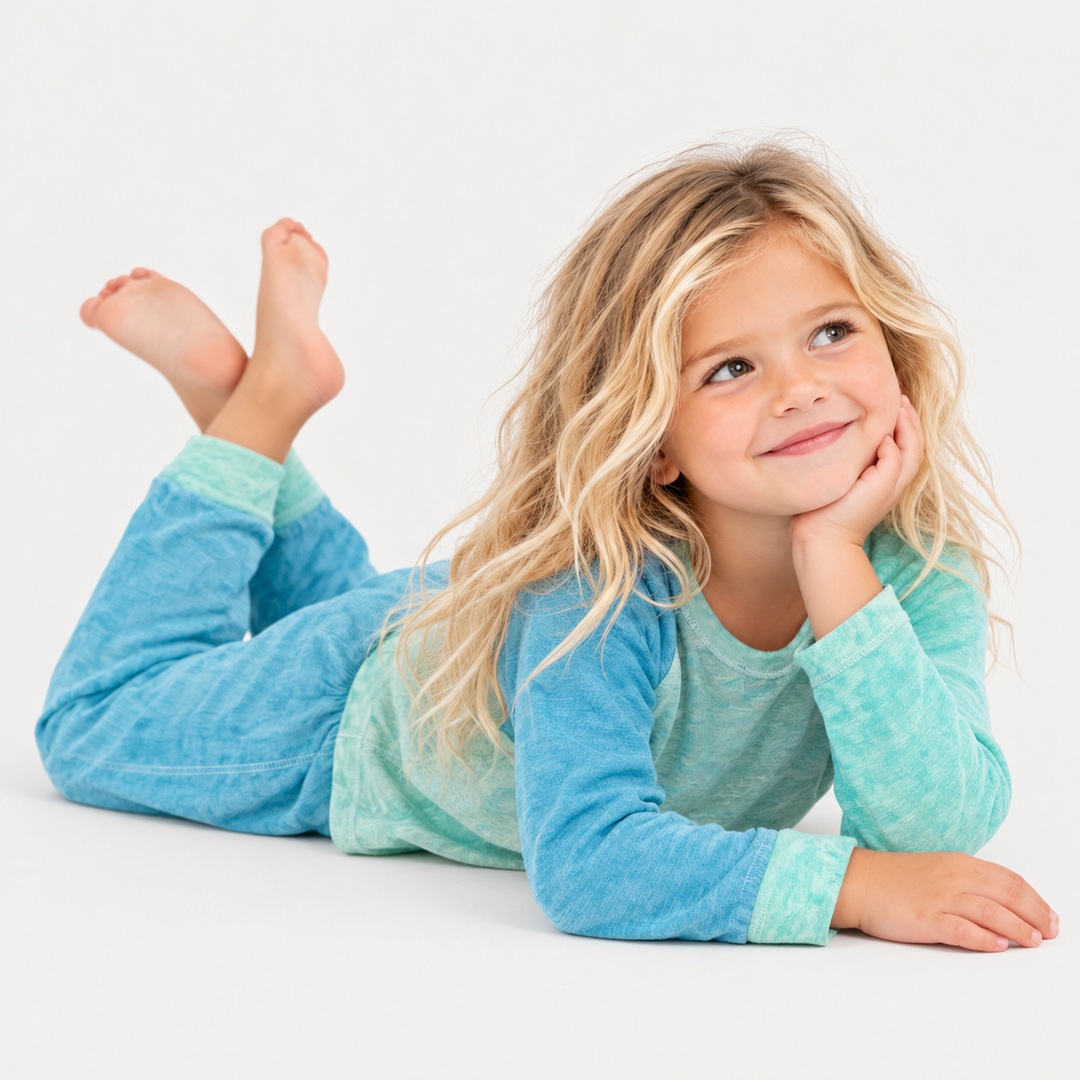 Child in aqua marble slub rib raglan tee and jogger by PAIGELAUREN