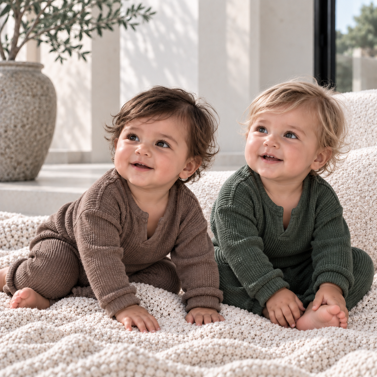 Two babies wearing PAIGELAUREN cocoa and hunter green thermal loungewear sets in a softly lit California-inspired setting.