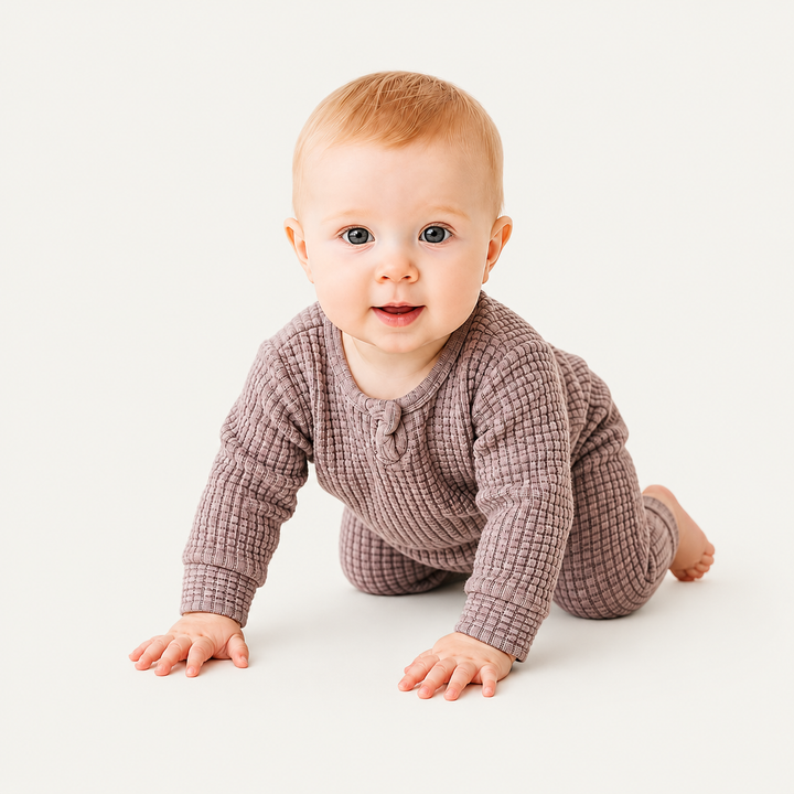 Crawling baby wearing the PAIGELAUREN Beige Chunky Thermal Romper.