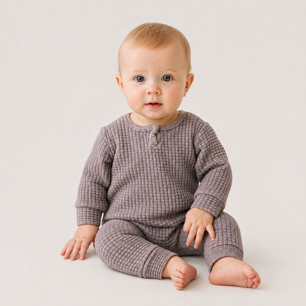 Baby wearing the PAIGELAUREN Beige Chunky Thermal Romper in a minimalist studio.