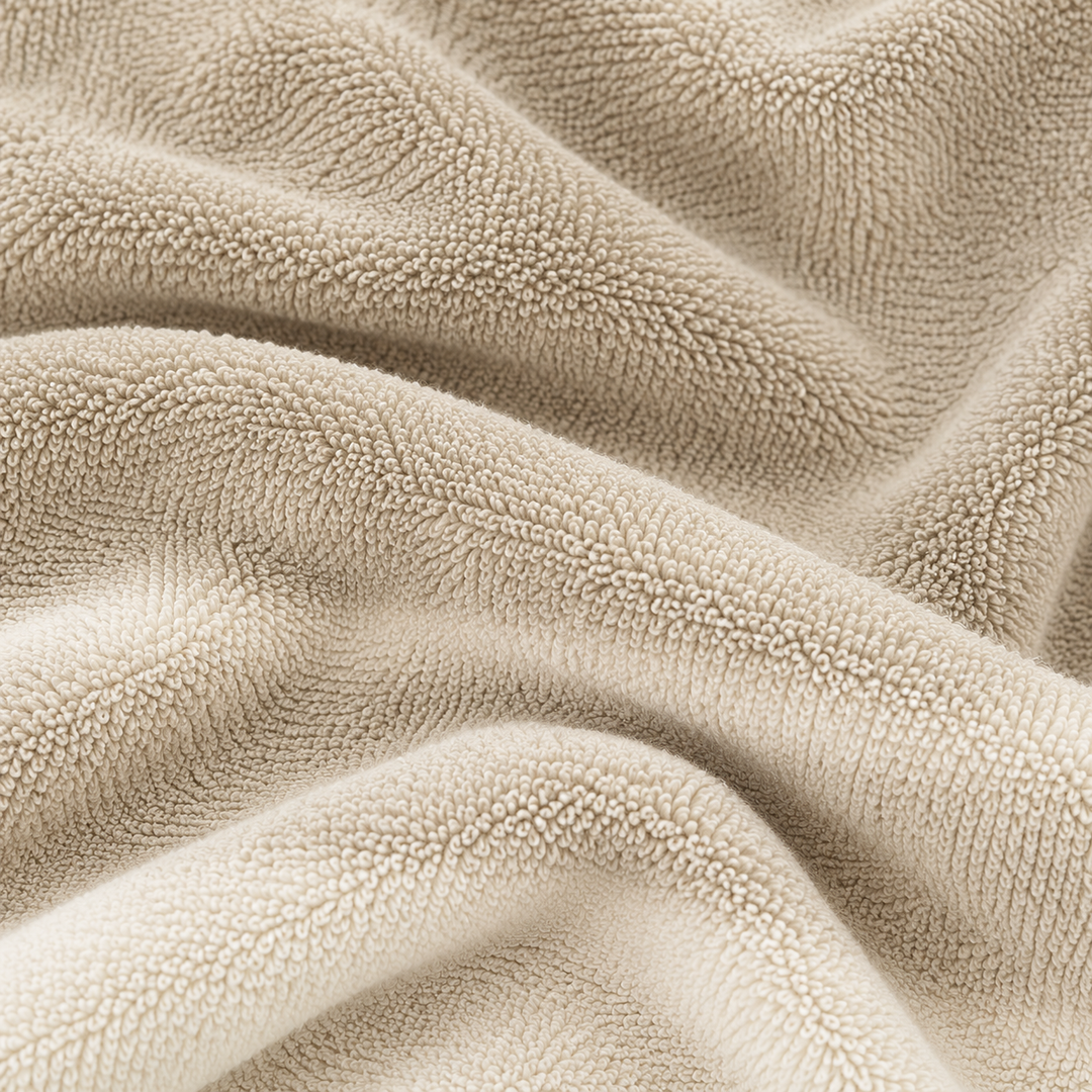 Close-up of plush beige and cream loop terry fabric with soft textured loops
