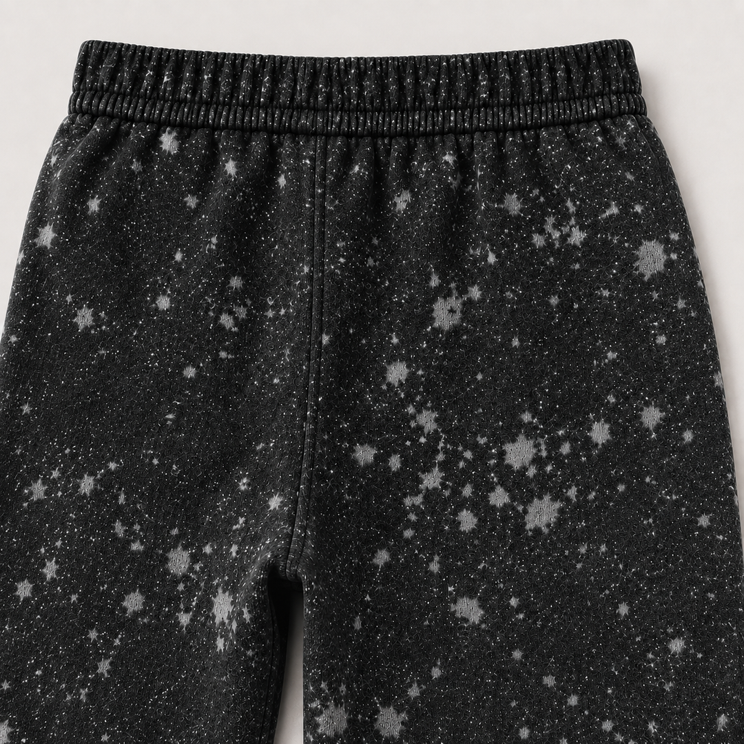 Black Splatter Brushed Rib balloon pant with elastic waistband and ankle