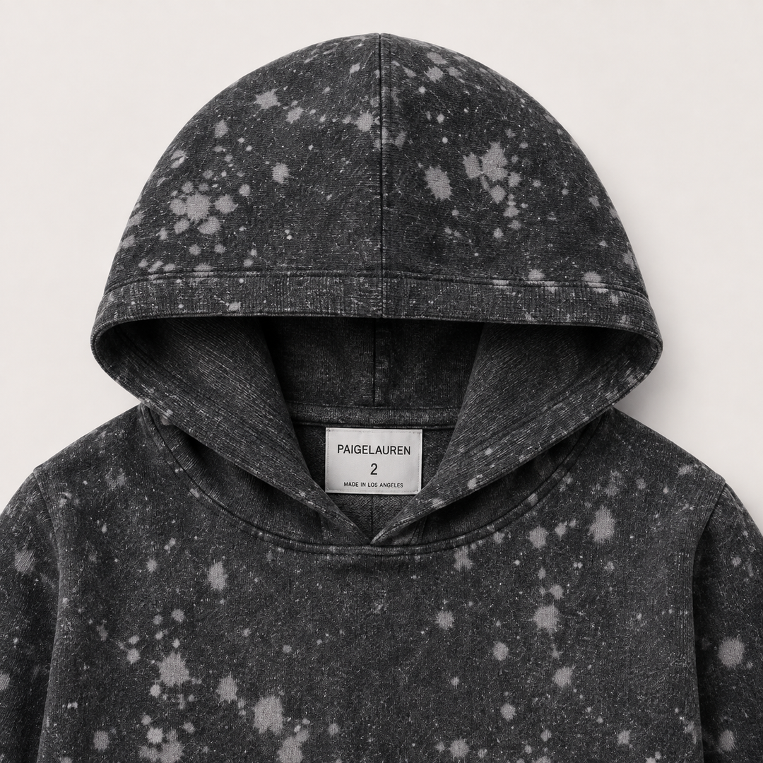 Black Splatter Brushed Rib hoodie detail with PAIGELAUREN neck label