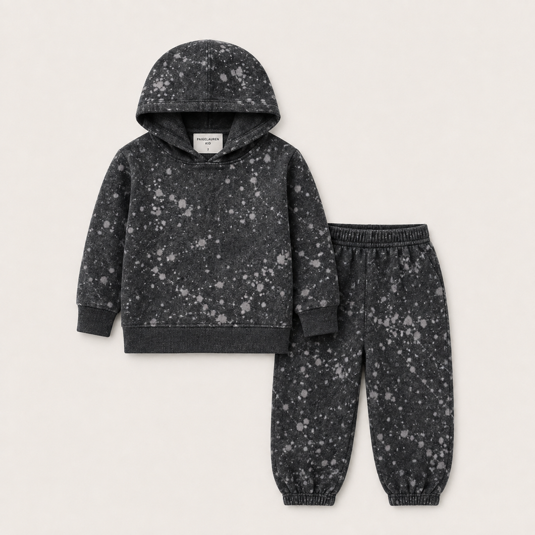 PAIGELAUREN Black Splatter Brushed Rib Hoodie and Balloon Pant Set