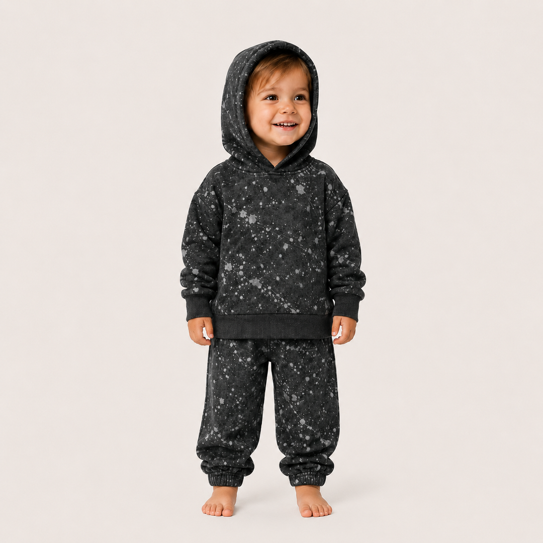 Toddler in Black Splatter Brushed Rib Hoodie and Balloon Pant Set