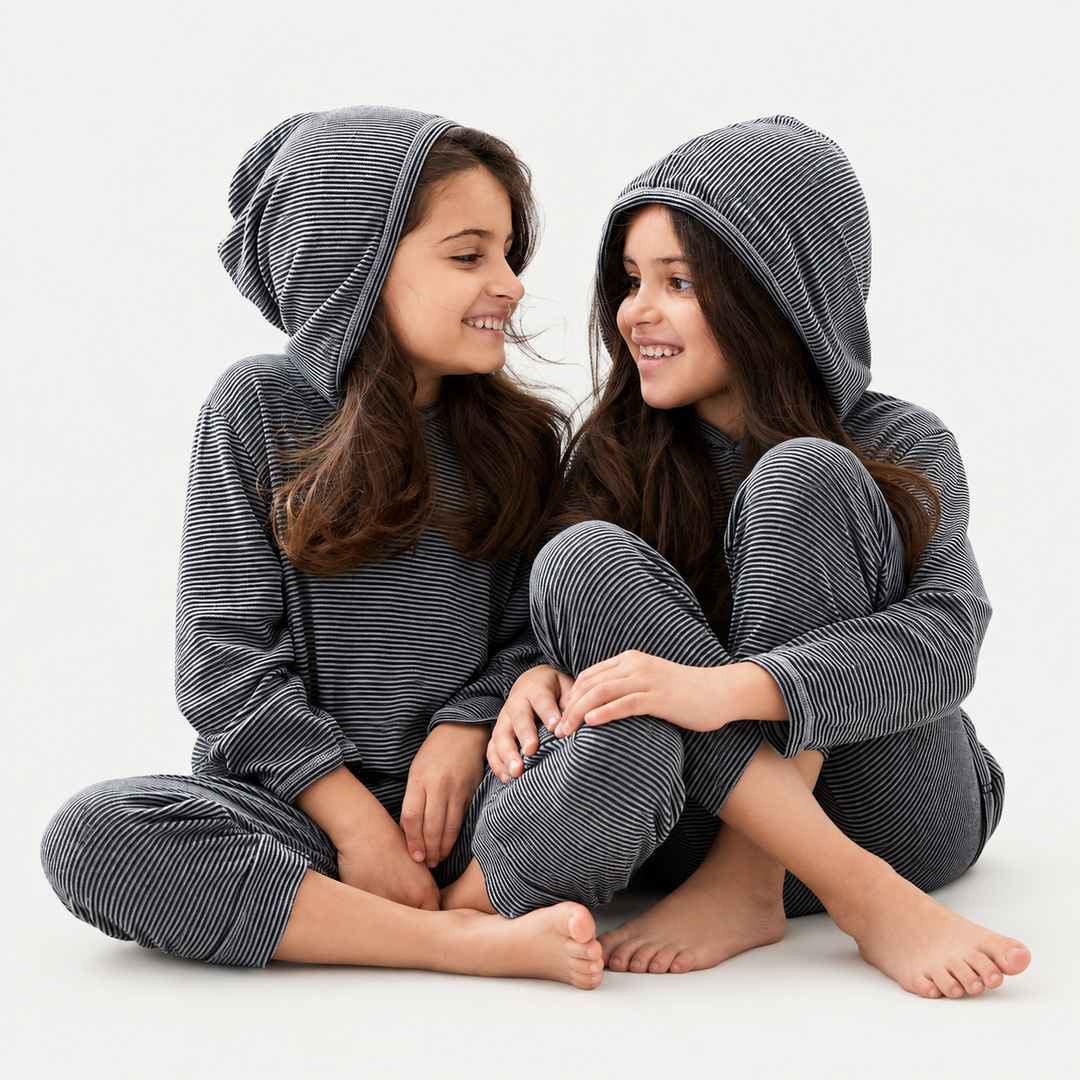 Toddler wearing PAIGELAUREN Black Stripe Hoodie + Pant Set