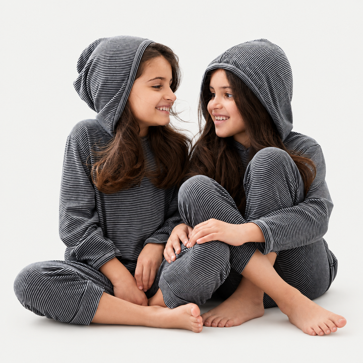 Toddler wearing PAIGELAUREN Black Stripe Hoodie + Pant Set