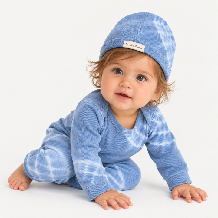 Baby wearing PAIGELAUREN Blue Blue Tie Dye Ribbed Lap Tee and Legging Set