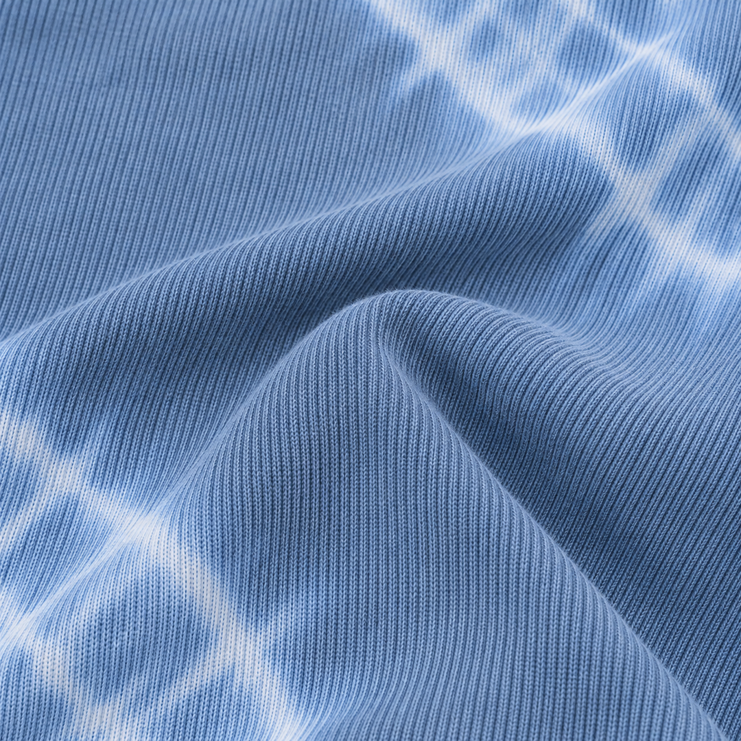 Close-up of PAIGELAUREN fine ribbed knit in Blue Blue Tie Dye