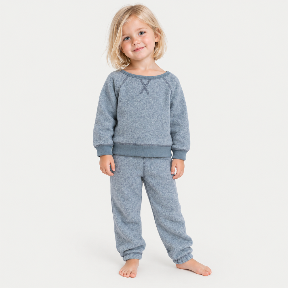 Girl wearing PAIGELAUREN Blue Brushed Fleece Boatneck Sweatshirt and Sweatpant Set