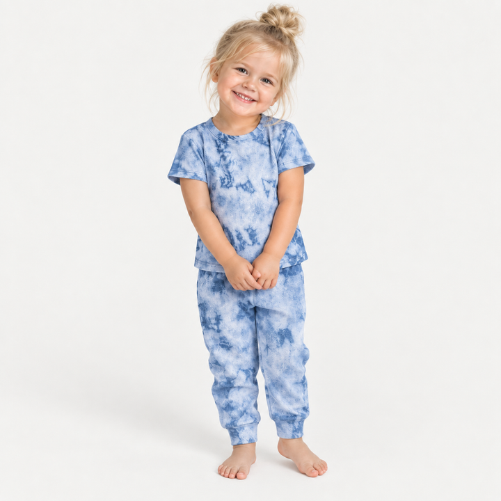 Toddler wearing PAIGELAUREN Blue Crystal Rib Tee + Legging Set
