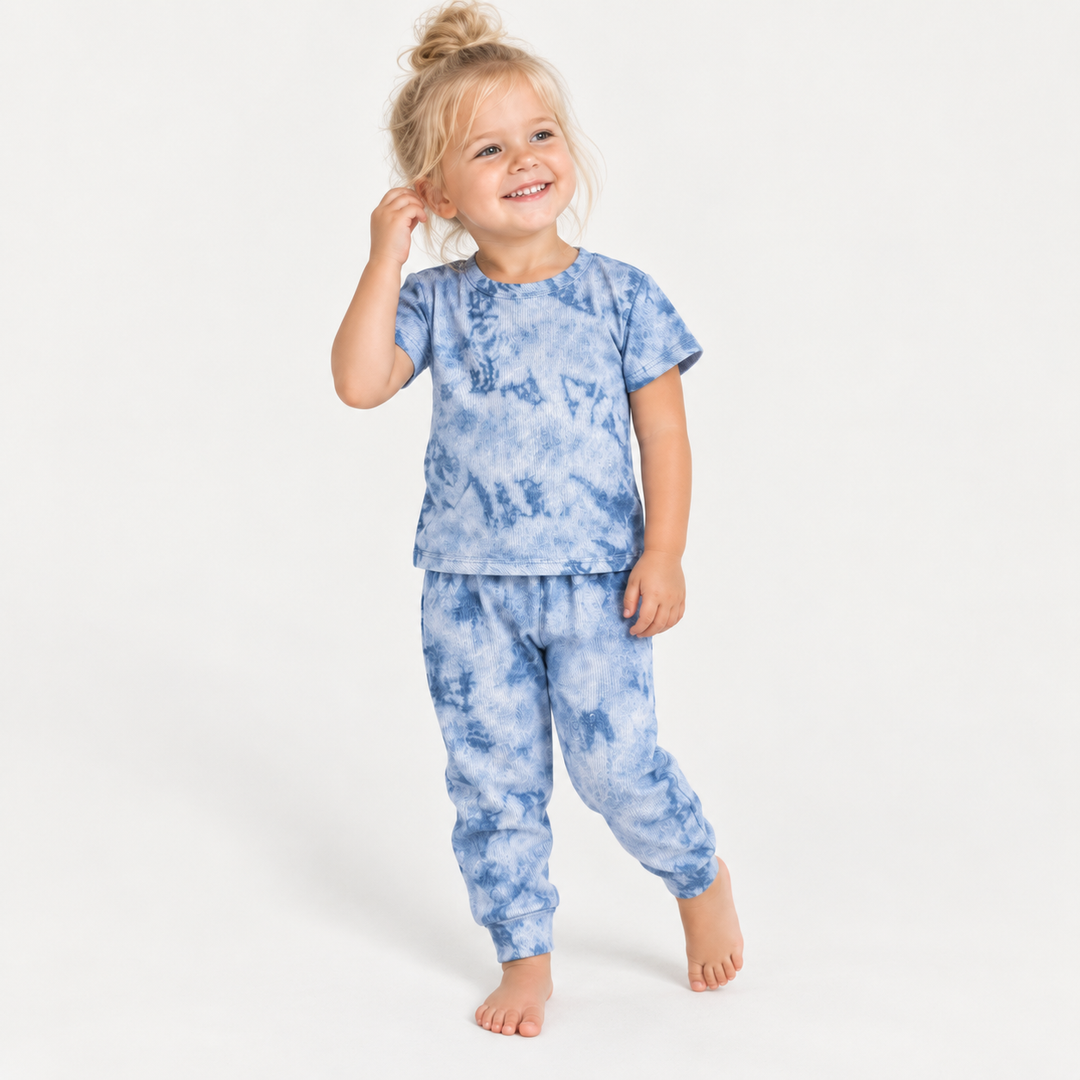 Toddler modeling PAIGELAUREN Blue Crystal Rib Tee + Legging Set