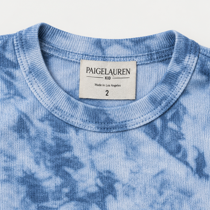 PAIGELAUREN Blue Crystal Rib Tee neckline and label detail