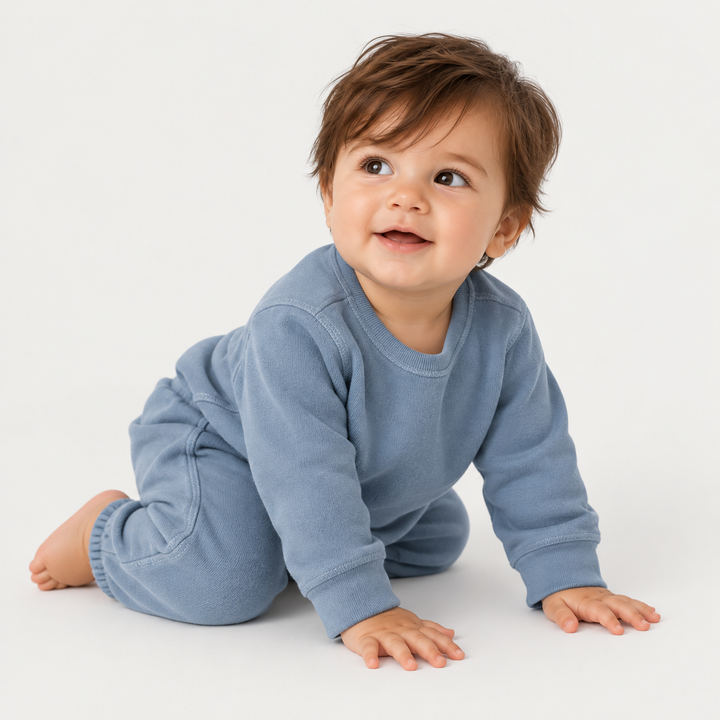 Baby in PAIGELAUREN soft Blue Fleece Sweatshirt and Sweatpant Set