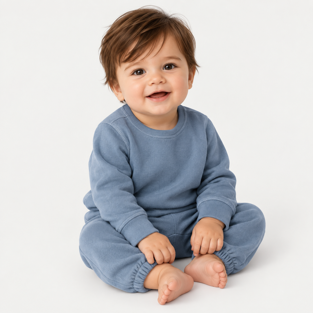 Baby wearing PAIGELAUREN Blue Fleece Sweatshirt and Sweatpant Set